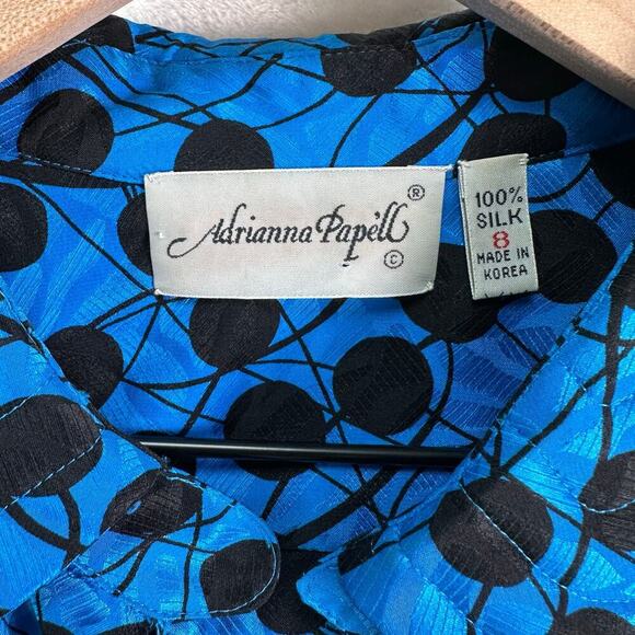 Adrianna Papell Vintage 100% Silk Blue Black Polka Dot Long Sleeve Blouse Size 8 - Picture 3 of 16